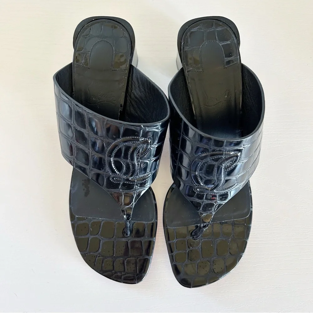 Christian Louboutin Tongamule Black Croc Embossed CL Logo Block Heels Size EU 39 - Picture 6 of 13